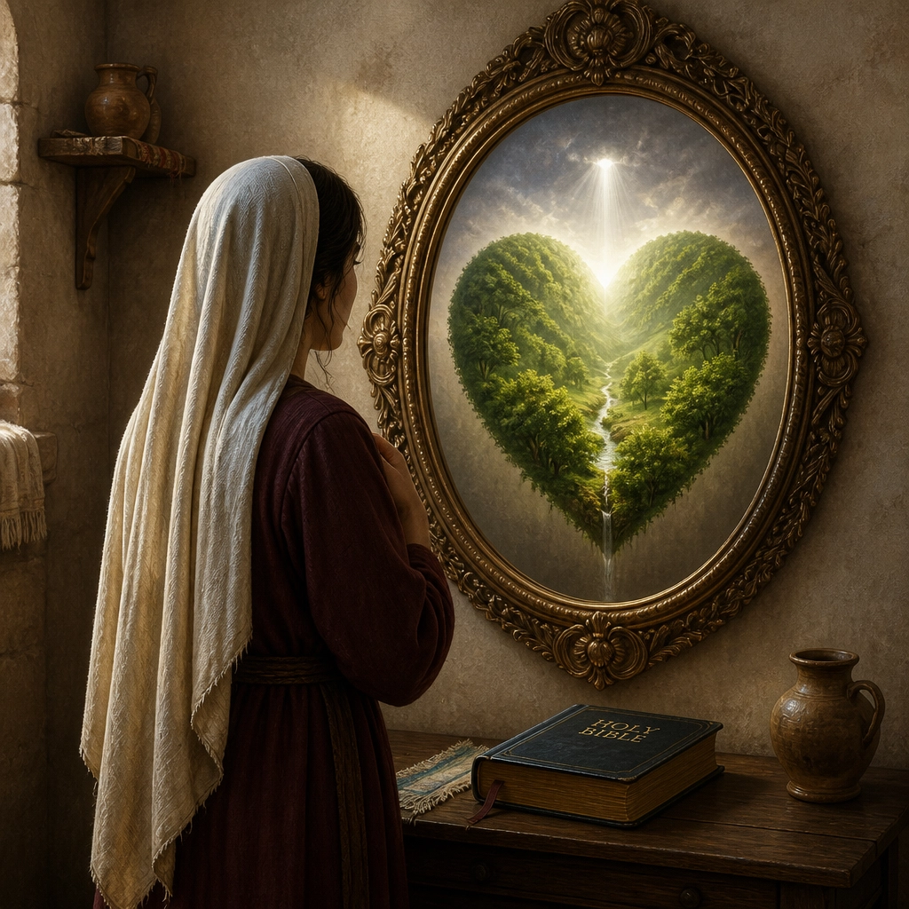 A woman stands before a large ornate mirror that reflects a lush heart-shaped landscape being touched by soft light in a grounded Bible storybook illustration style.