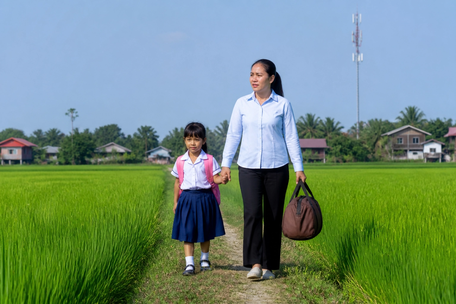 A Cambodian farmer standing in a lush green rice field, looking toward the horizon with a sense of purpose and trust
