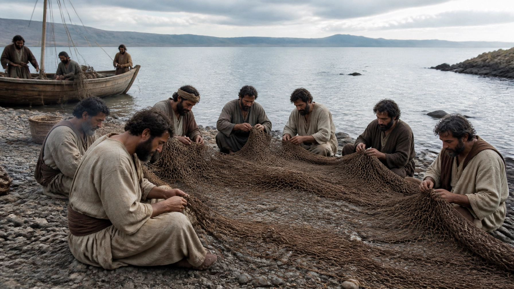 A group of ancient fishermen mending nets by the Sea of Galilee, representing Peter's calling and the restoration of faith in Jesus Christ.