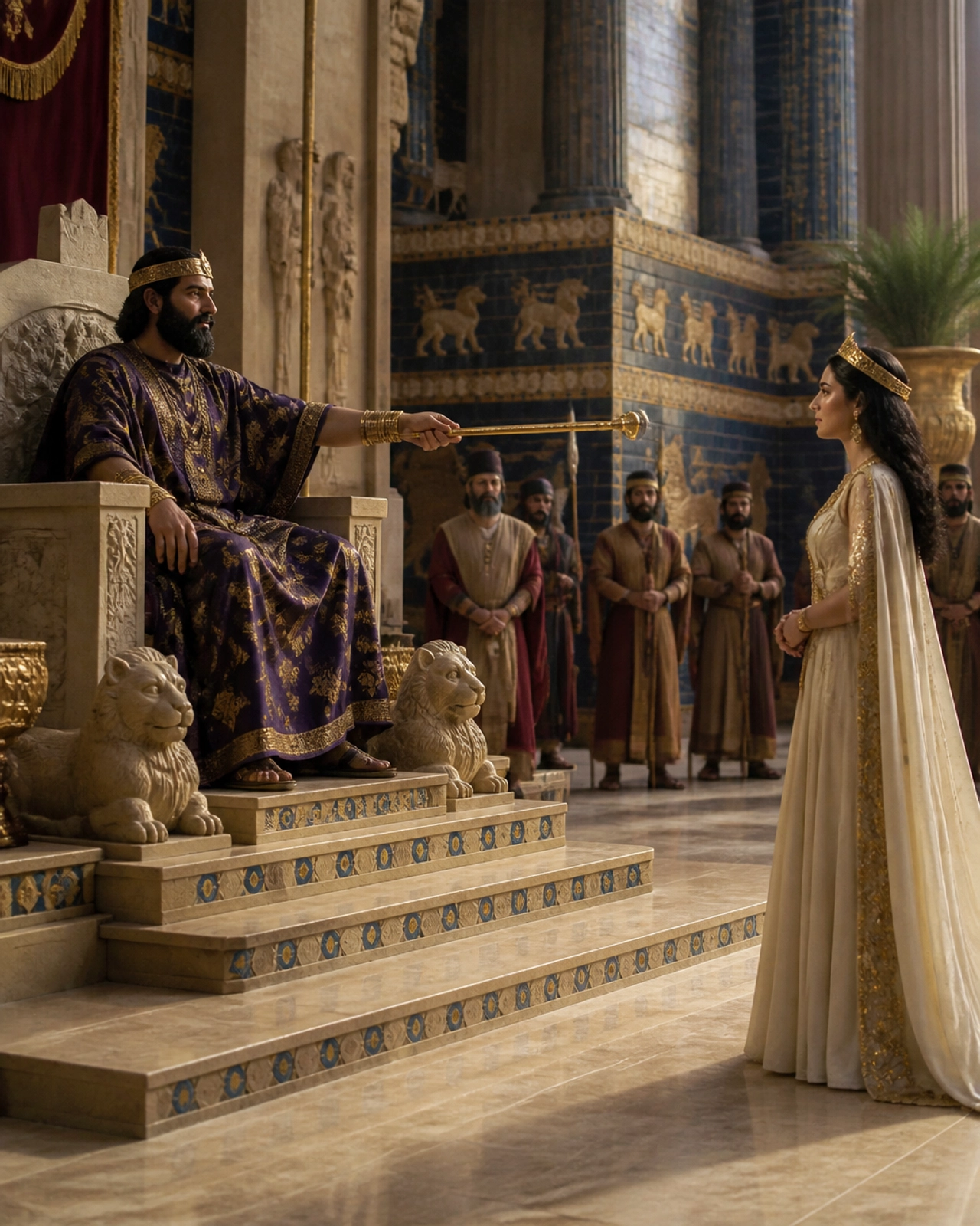 The Persian king extending his golden scepter to Queen Esther in a grand throne room, showing God's power over the hearts of earthly rulers.