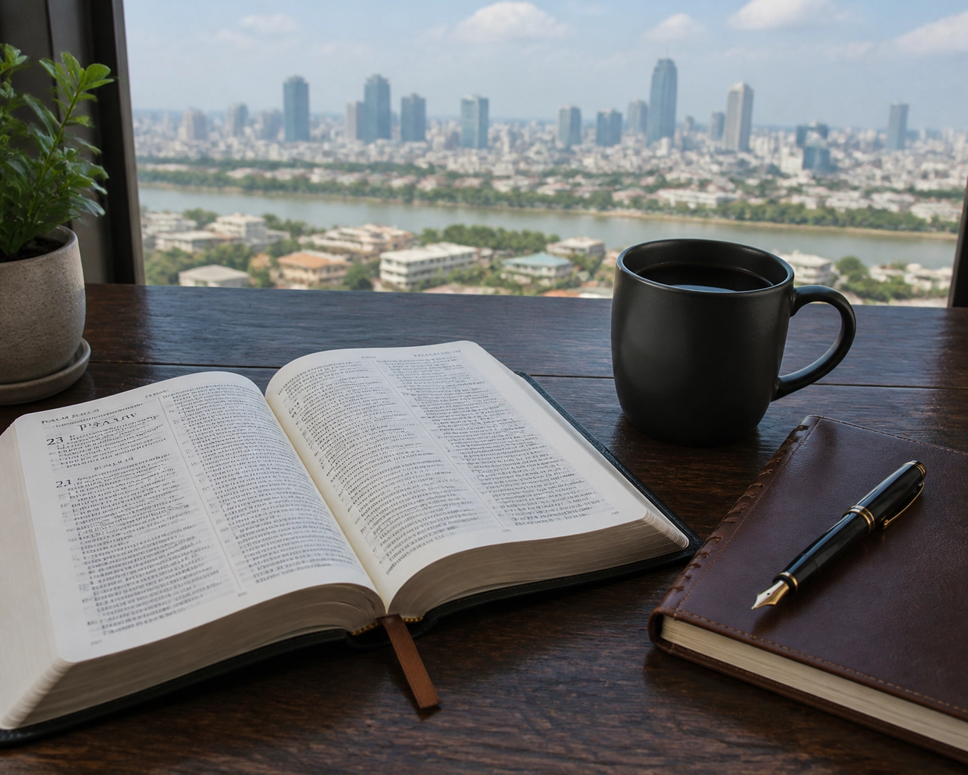 Open Bible and journal on a desk