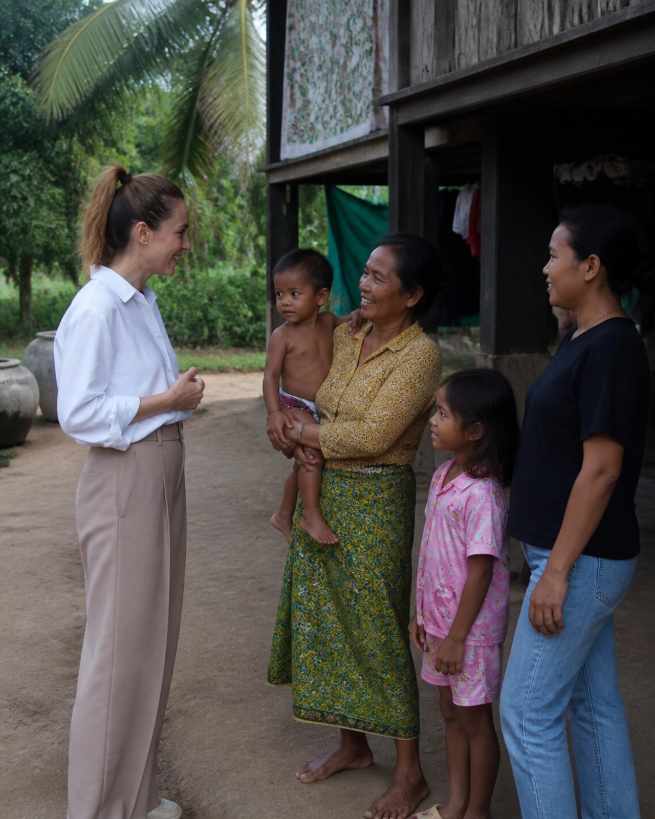 A woman in a modern Cambodian village sharing her testimony, reflecting the life-changing power of Jesus Christ in contemporary life.