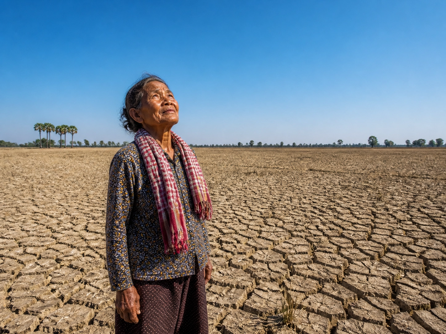 An elderly Cambodian farmer standing in a dry, cracked rice field under a vast, cloudless sky, looking upward with quiet, hopeful anticipation.