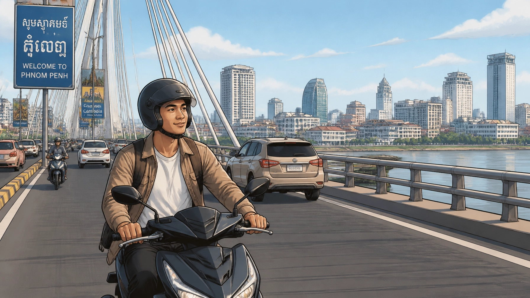 Motorbike driver crossing a bridge in Phnom Penh city illustrating Christian faith and trust in God