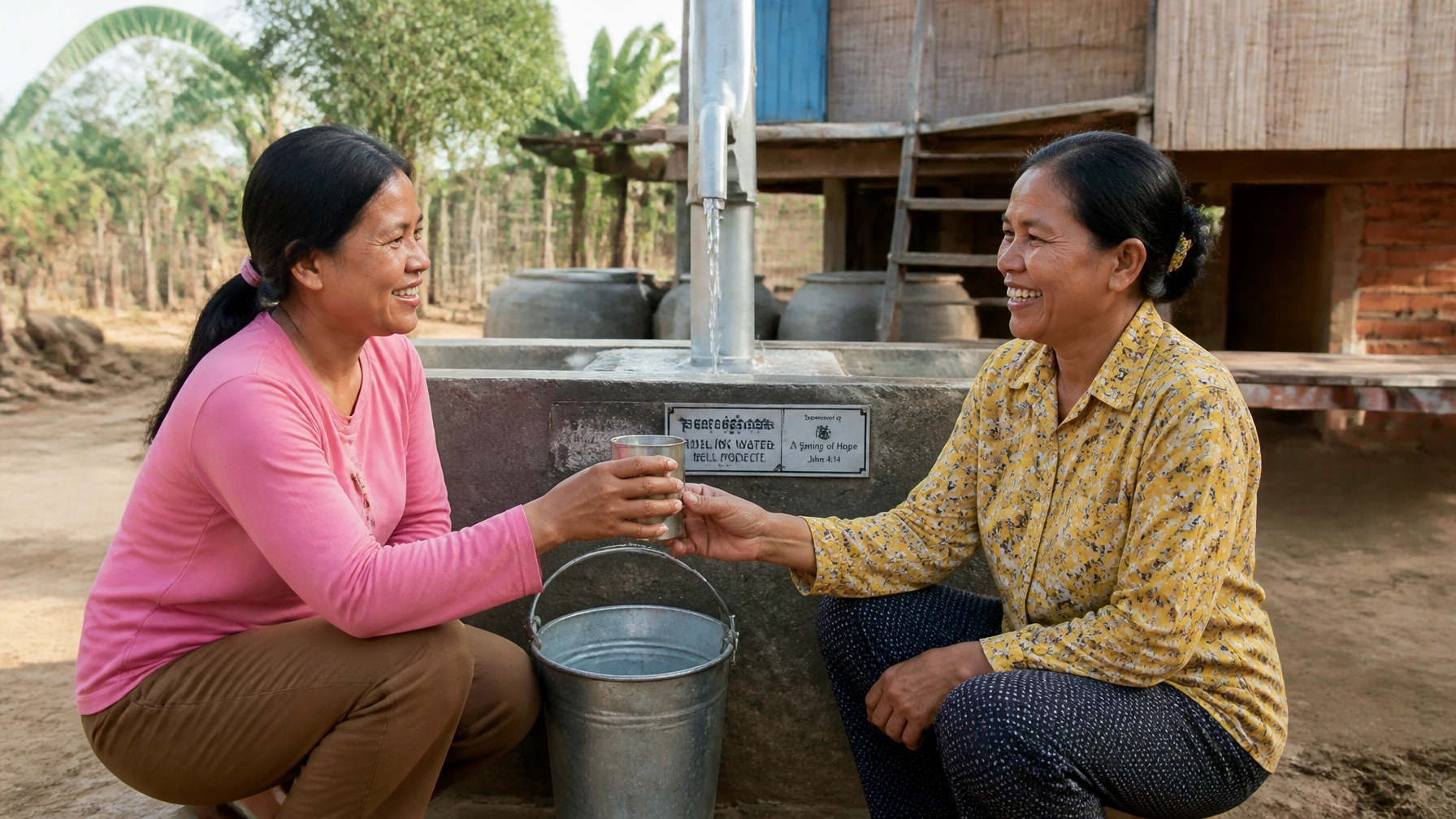 Woman in a Cambodian village sharing water from a well with her neighbor illustrating the heart of evangelism