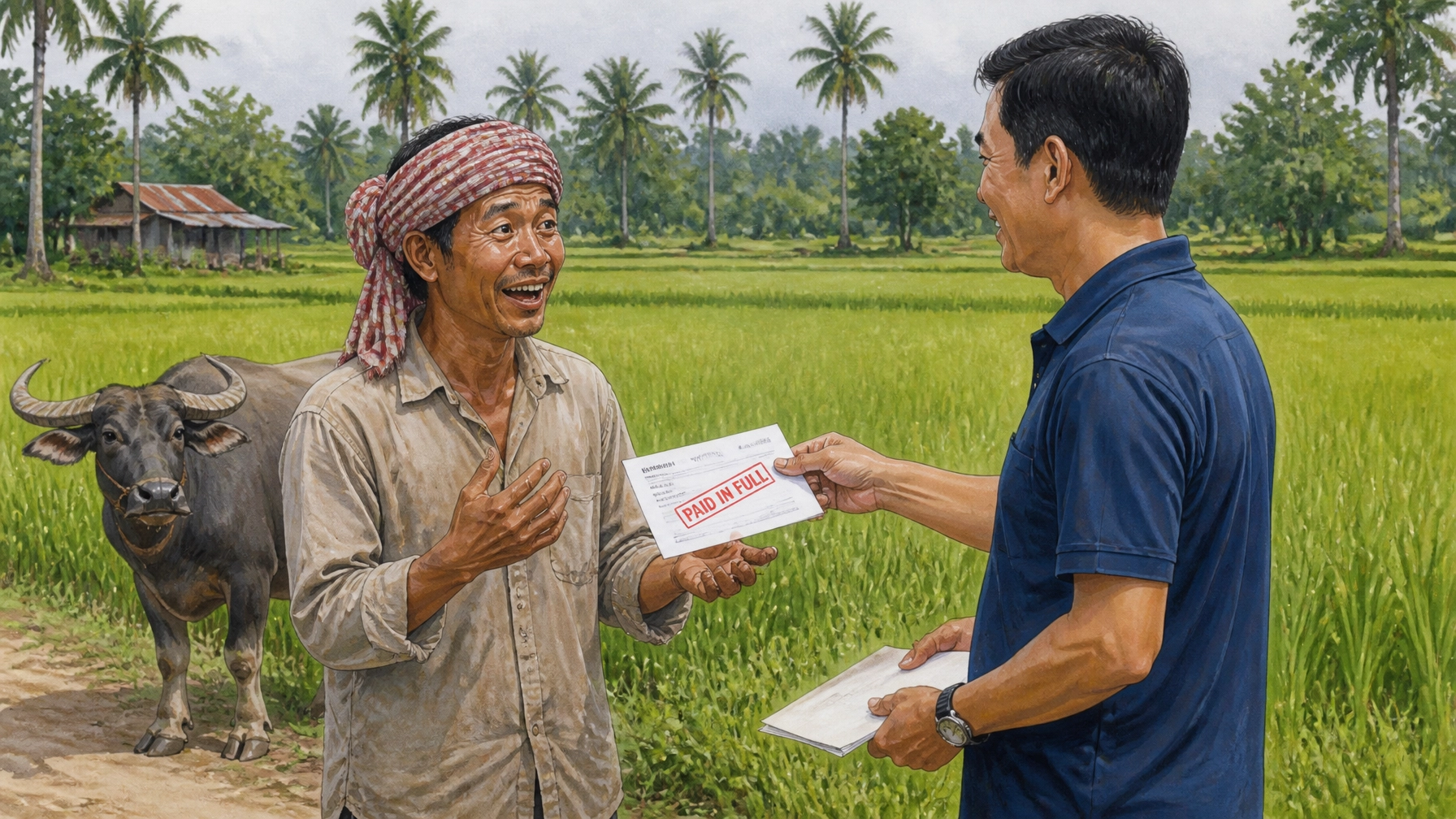 Illustration of a Cambodian rice farmer receiving a paid receipt representing the grace of God