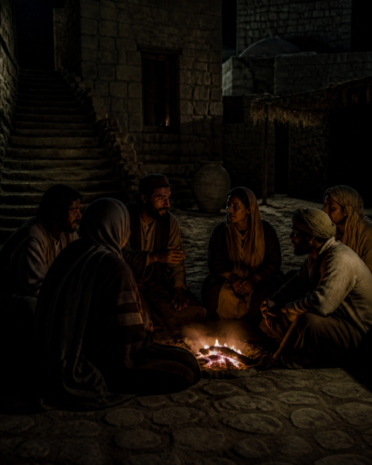 A group of people huddled around a charcoal fire in a courtyard at night, reflecting Peter's denial and the need for God's grace.