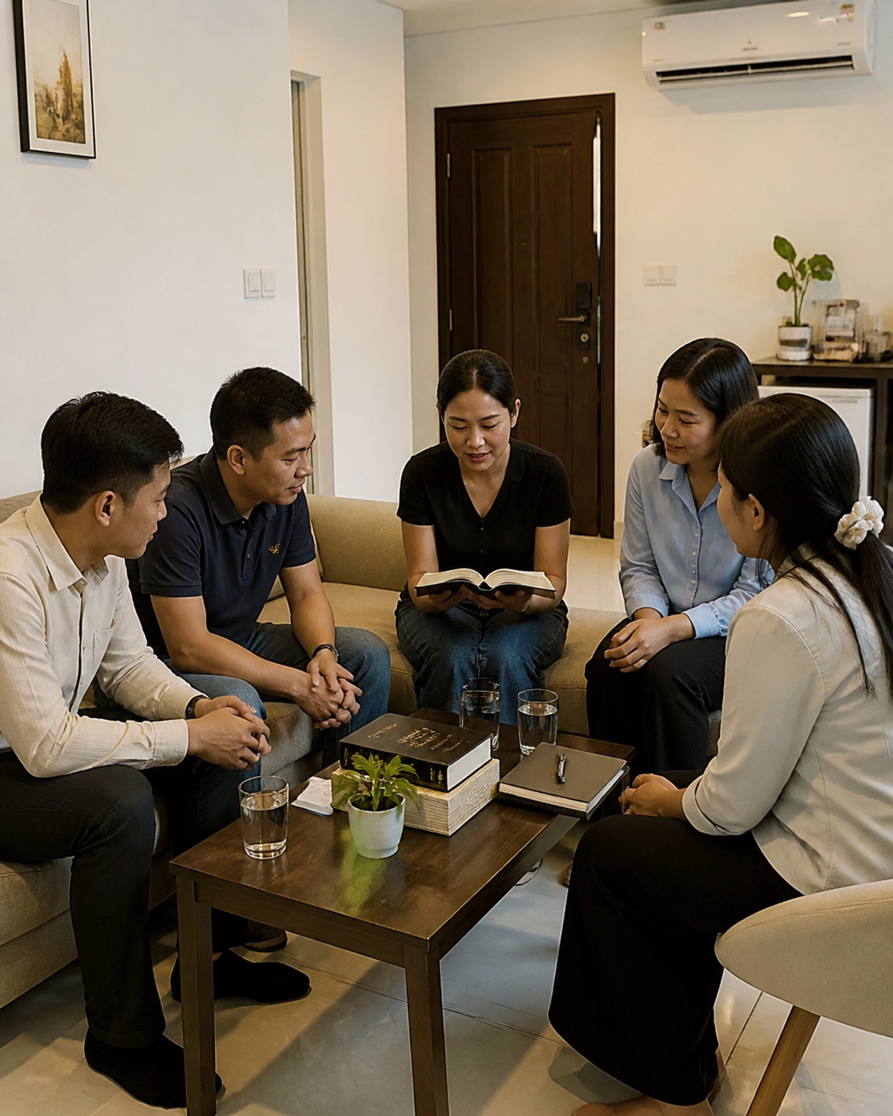 A group of people in Cambodia studying the Bible together in a modern home, showing the growth of the Church and local community.