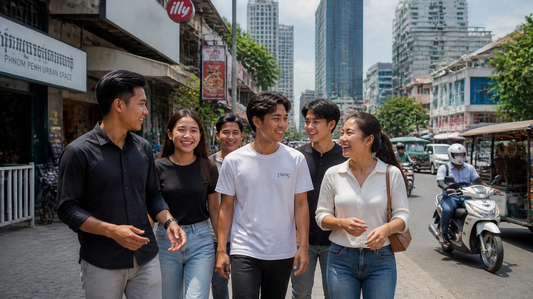 Candid photorealistic group of Cambodian friends, men and women, laughing and talking together while walking down a vibrant modern street in Phnom Penh under natural midday light