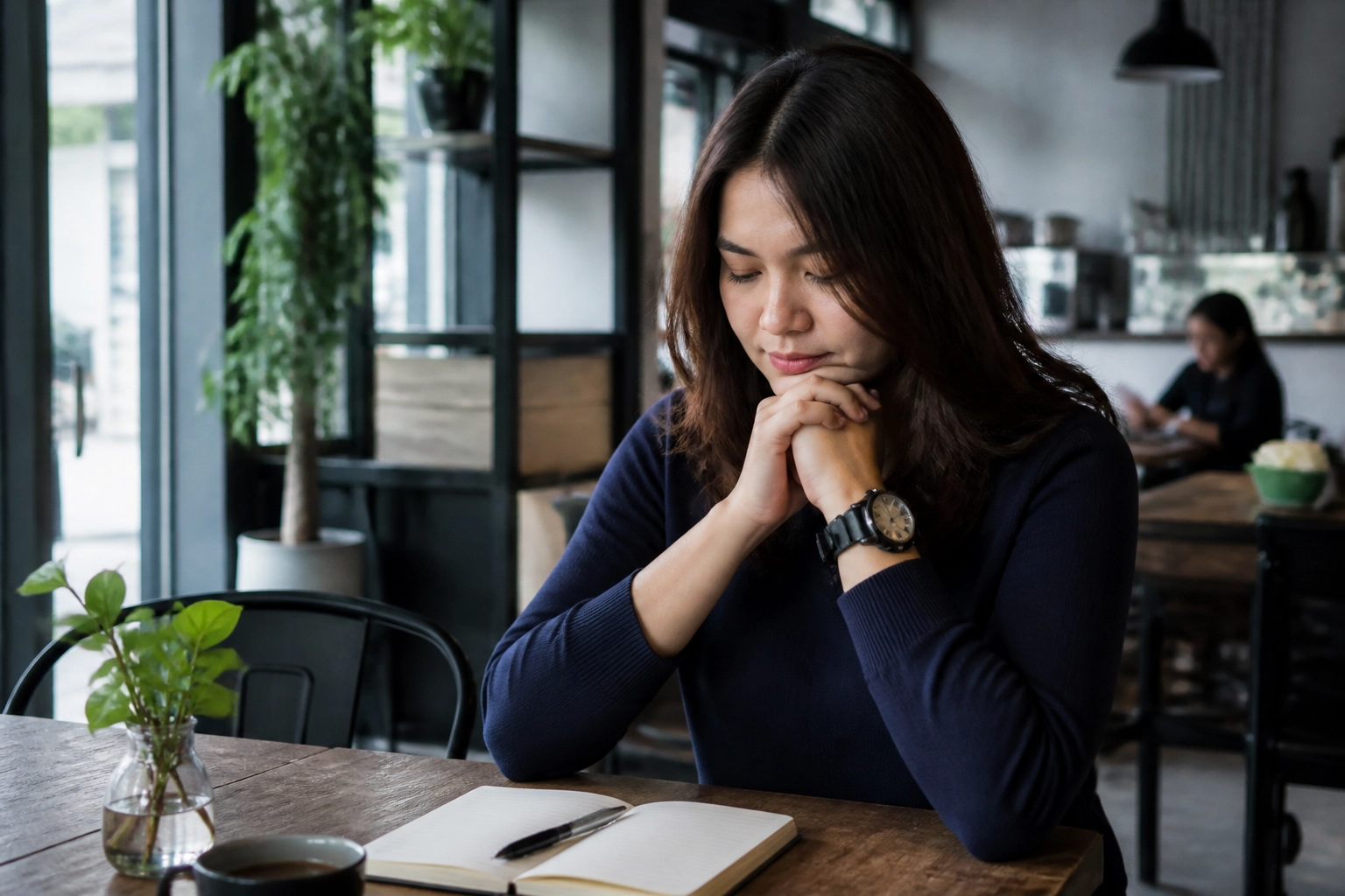 A woman writing names in a notebook for daily christian encouragement and spiritual growth in a modern Phnom Penh cafe.