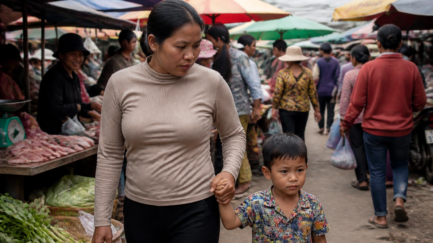 Cambodian mother holding her child tightly in a busy market showing the security of God's election