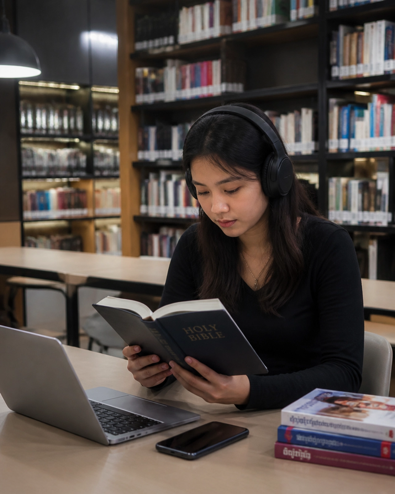A woman reading a Bible in a modern library, seeking wisdom and discernment through inspirational Christian articles.