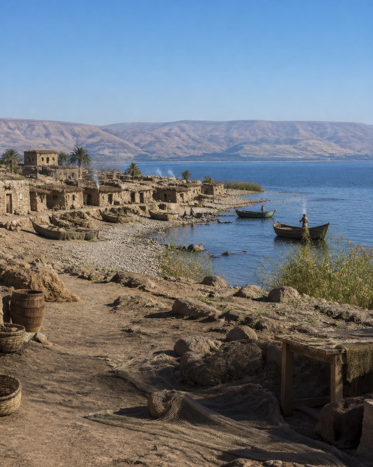 A grounded illustration of the ancient town of Magdala on the shores of the Sea of Galilee, the home of Mary Magdalene.