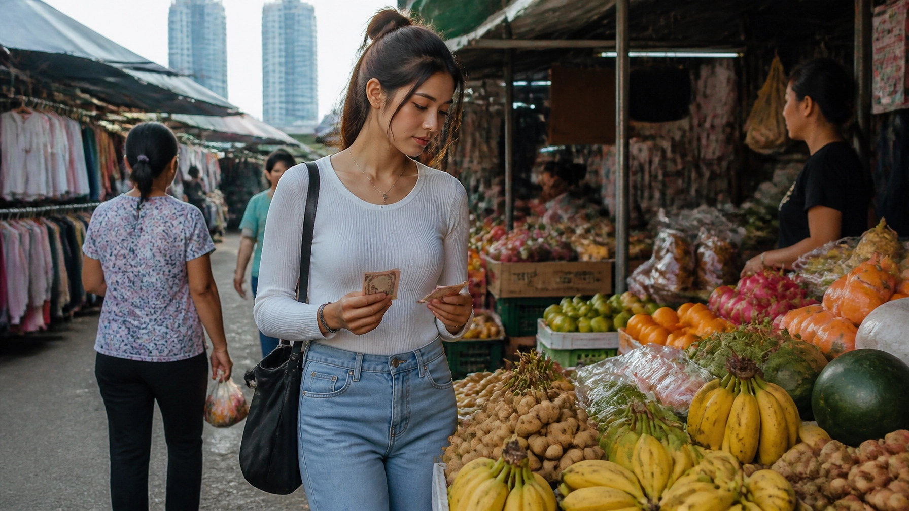 Careful shopper in a modern Phnom Penh market showing discipline and self-control with money