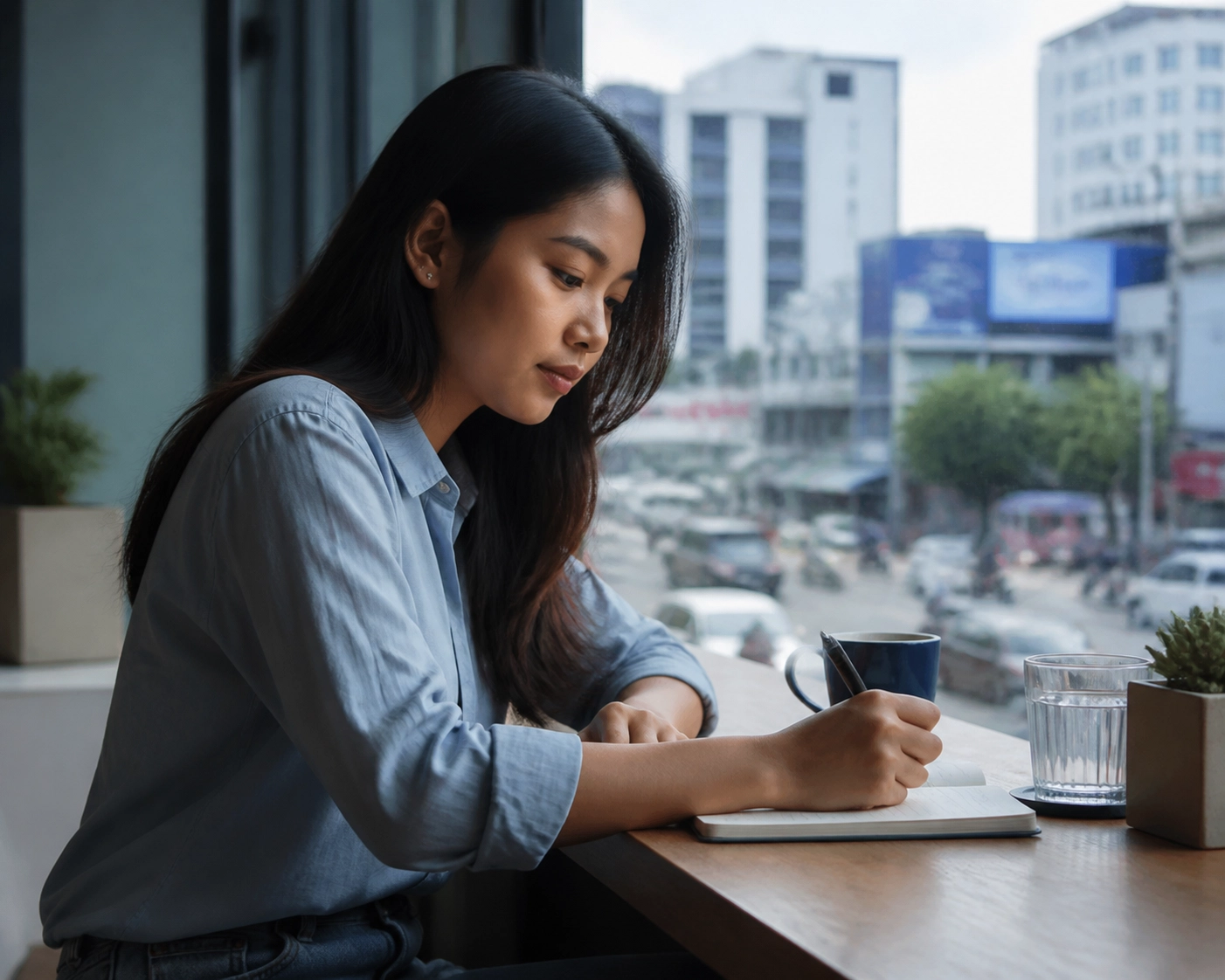 A woman in a Phnom Penh cafe writing names in a notebook for daily intercessory prayer and spiritual growth.