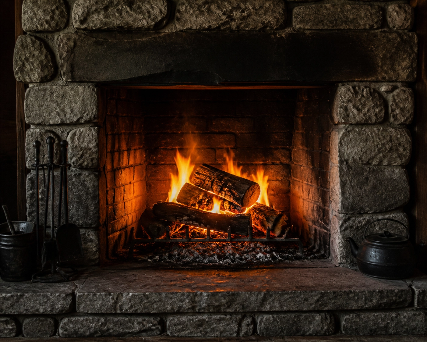 Logs burning in a traditional stone fireplace symbolizing the warmth of God's everlasting love.