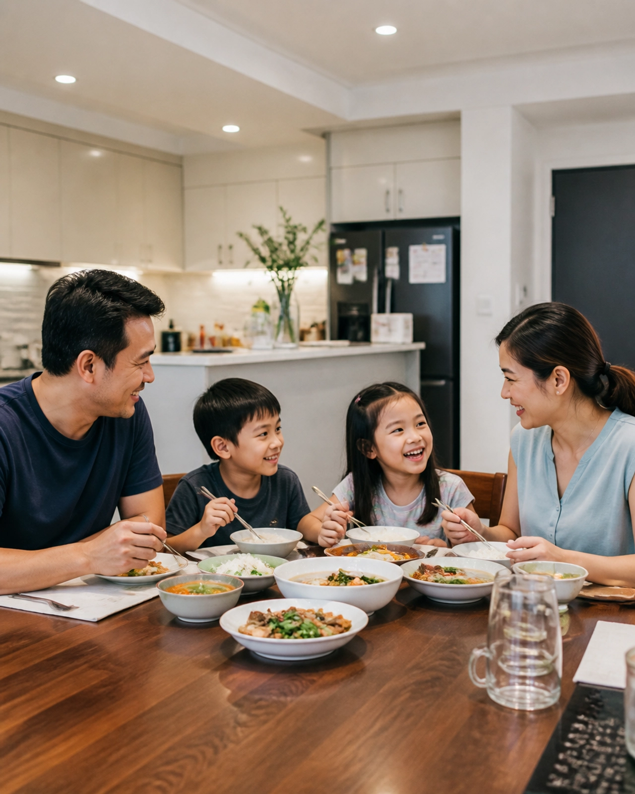 A Cambodian family sharing a meal in a modern apartment, illustrating the love found in inspirational Christian articles about adoption.