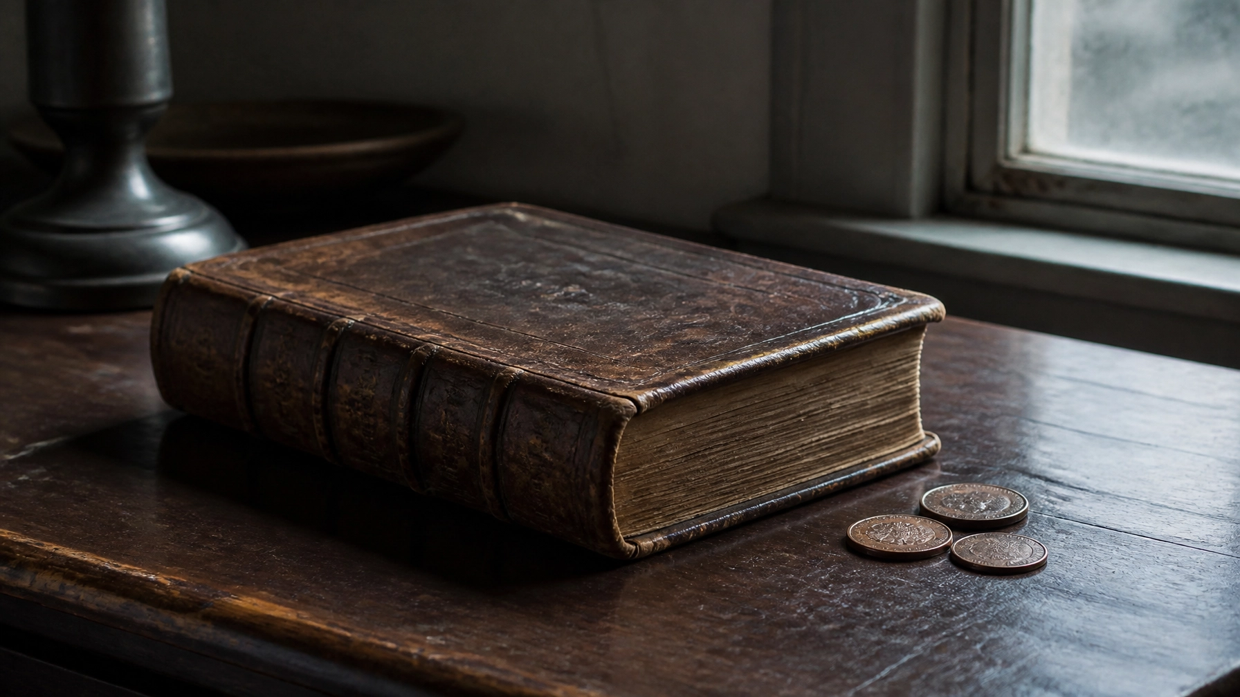 An old leather-bound book and coins on a wooden desk, symbolizing the historical legacy of Christian teachers like John Wesley.