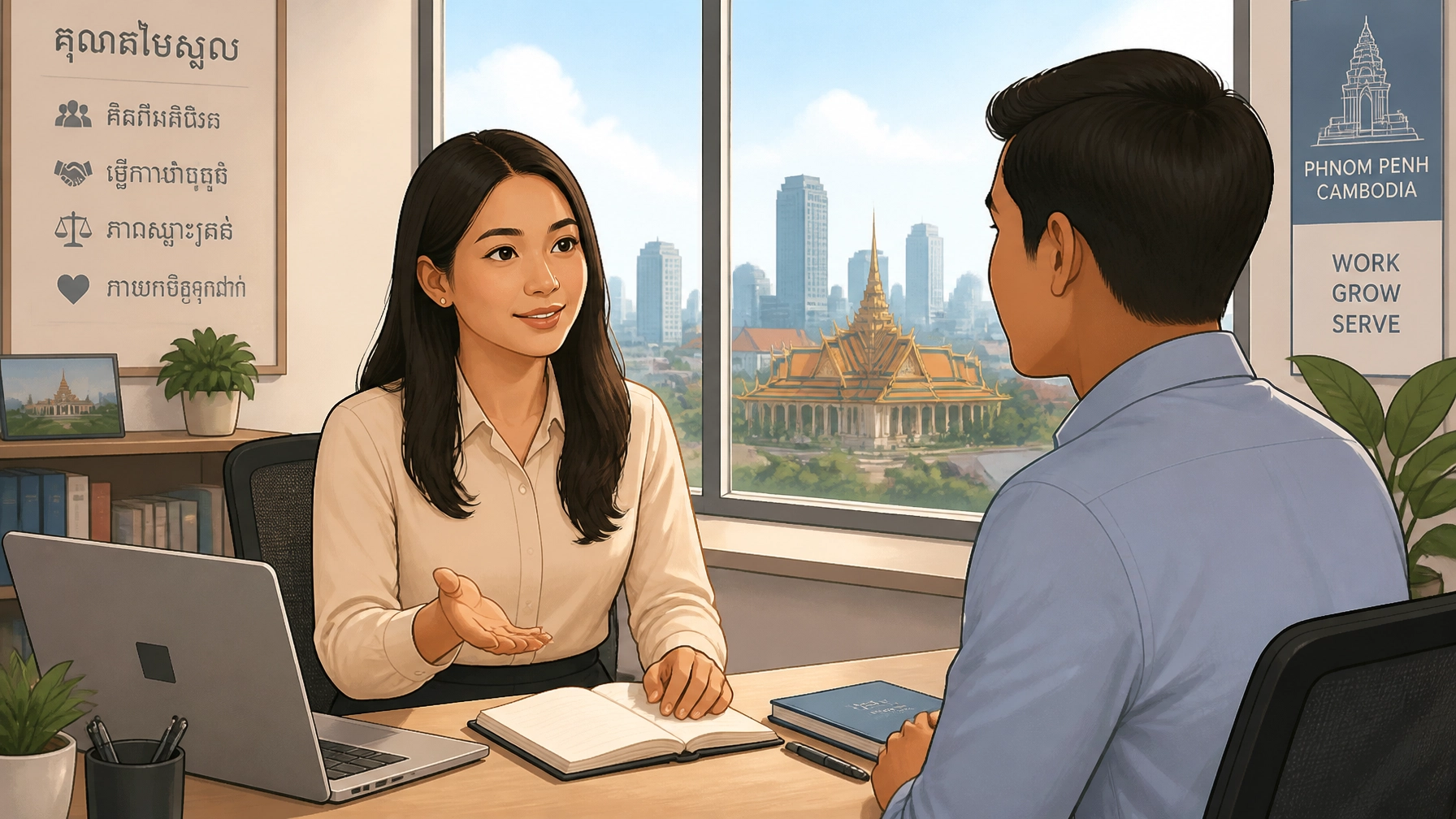 Christian woman showing discipleship by acting with honesty and kindness in a modern office in Phnom Penh