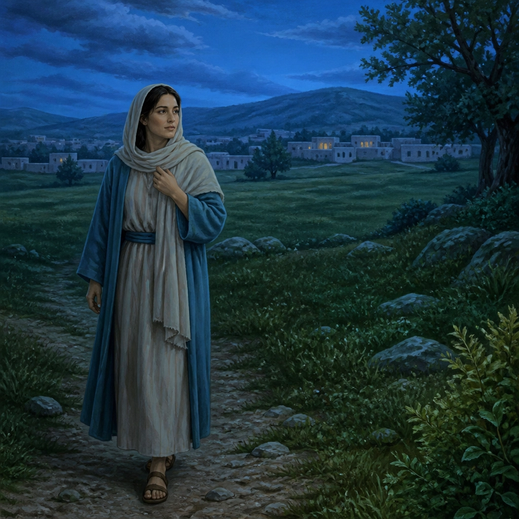 A woman walks through a quiet green field at evening looking thoughtful and serene in a grounded Bible storybook illustration style.
