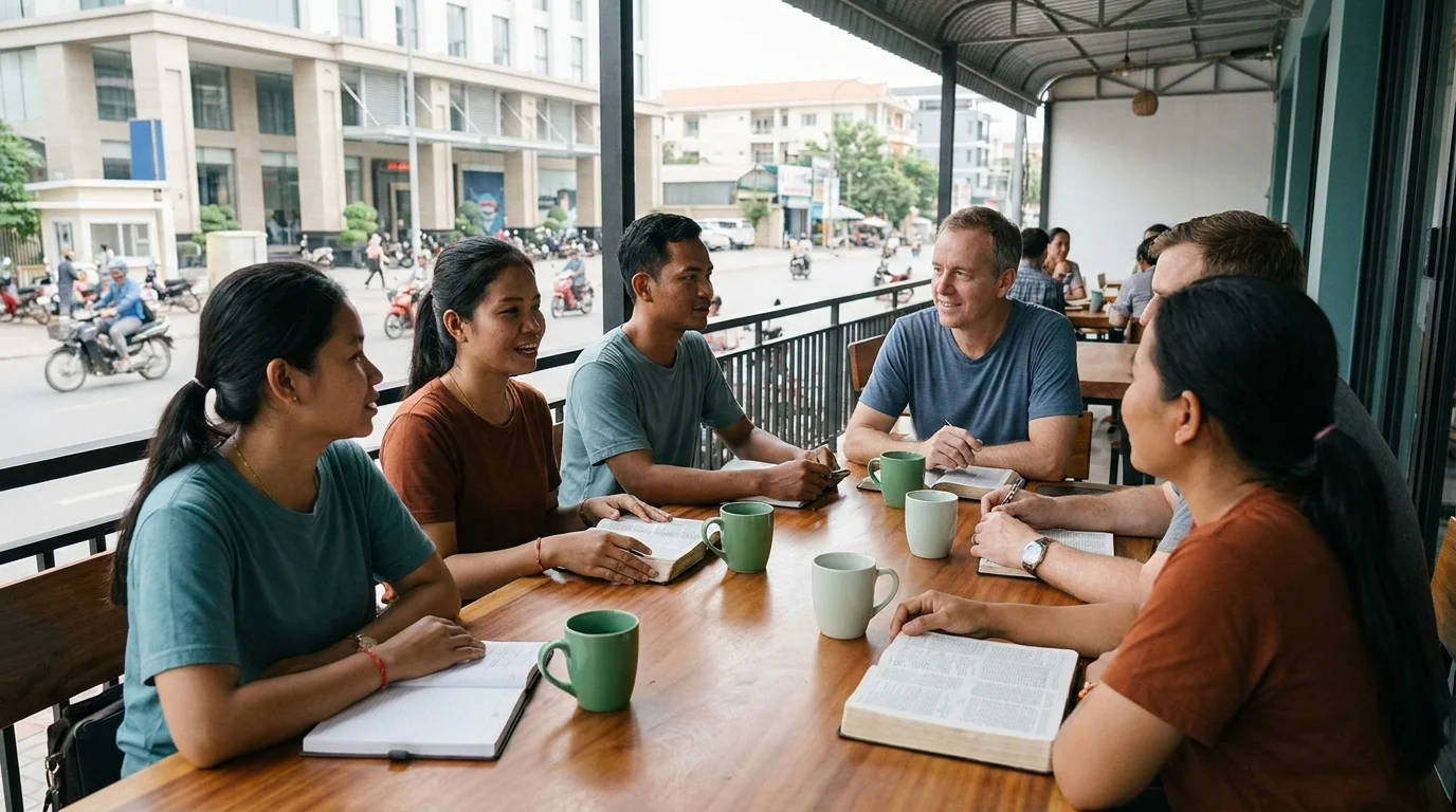 A diverse group of people studying the Bible together at an outdoor café table with open Bibles and mugs