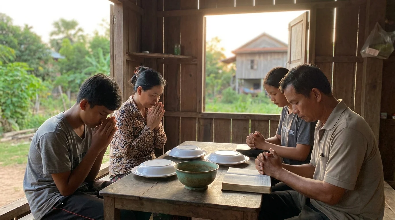 A family of four bowing their heads in prayer around a table with empty dishes and an open Bible in a rural home