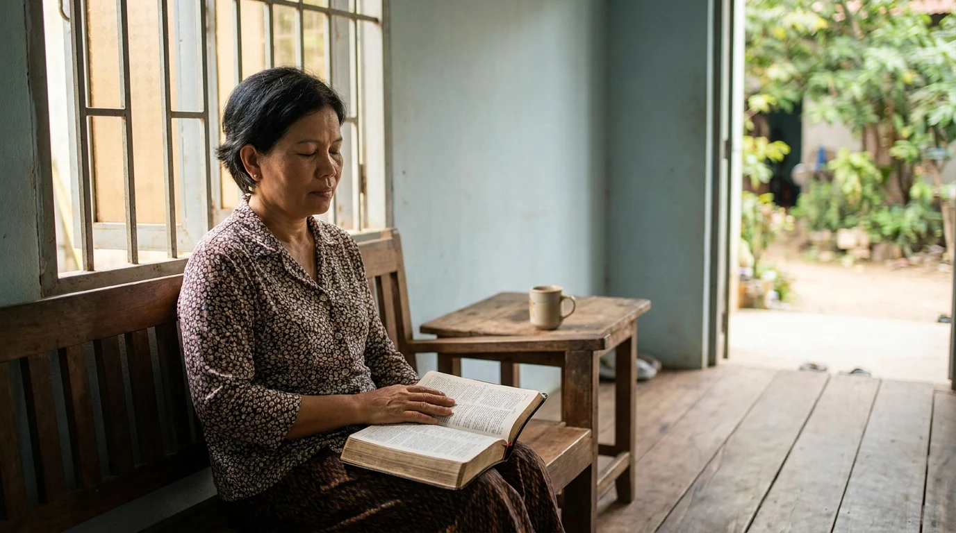A Cambodian woman sits quietly on a wooden bench beside an open window, reading her Bible in the morning light.