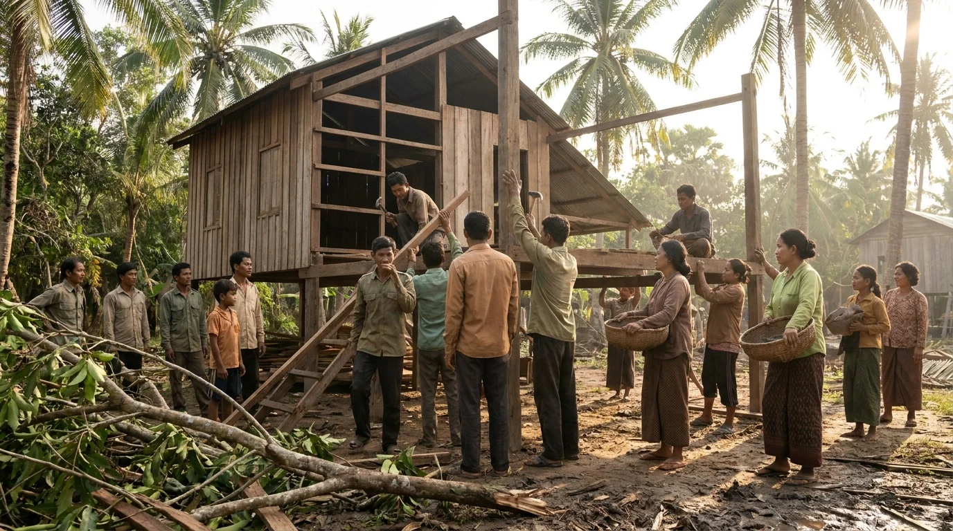 A community of men and women working together to build a wooden stilt house surrounded by palm trees, illustrating collective effort and mutual support