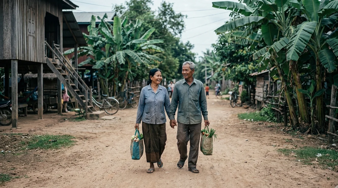 An elderly couple walks hand in hand along a rural village path, smiling at each other while carrying bags of vegetables