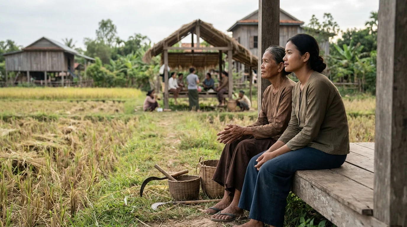 Two women resting together on a wooden bench beside a rice field, tools set aside, as villagers gather in the background