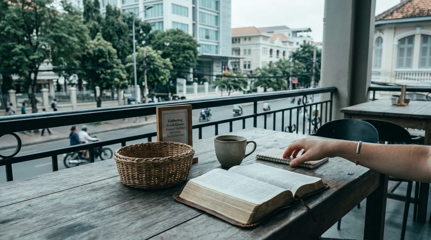 Open Bible, coffee, and notebook on a balcony table overlooking a busy city street, set for morning devotional time