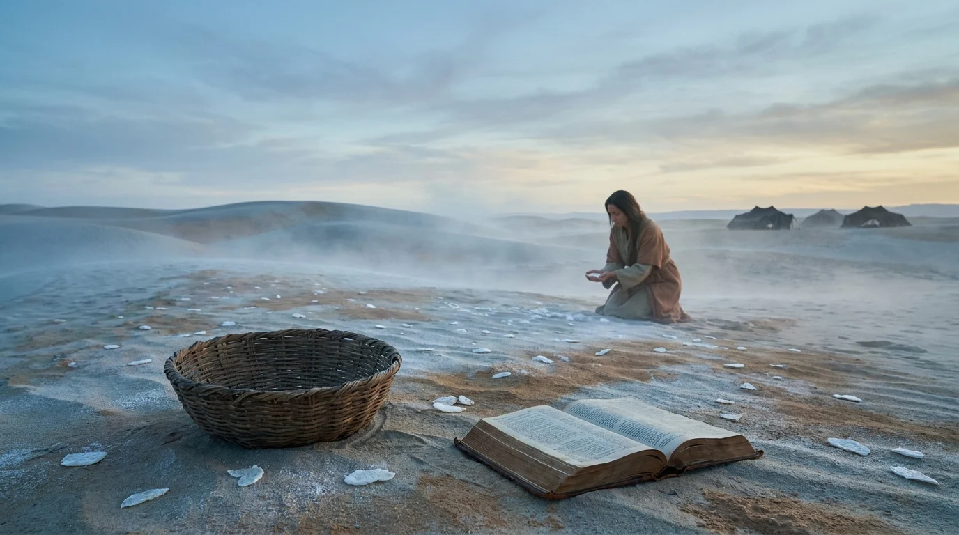 Woman gathering manna at dawn in the desert, with a woven basket and open Bible in the foreground and tents in the distance