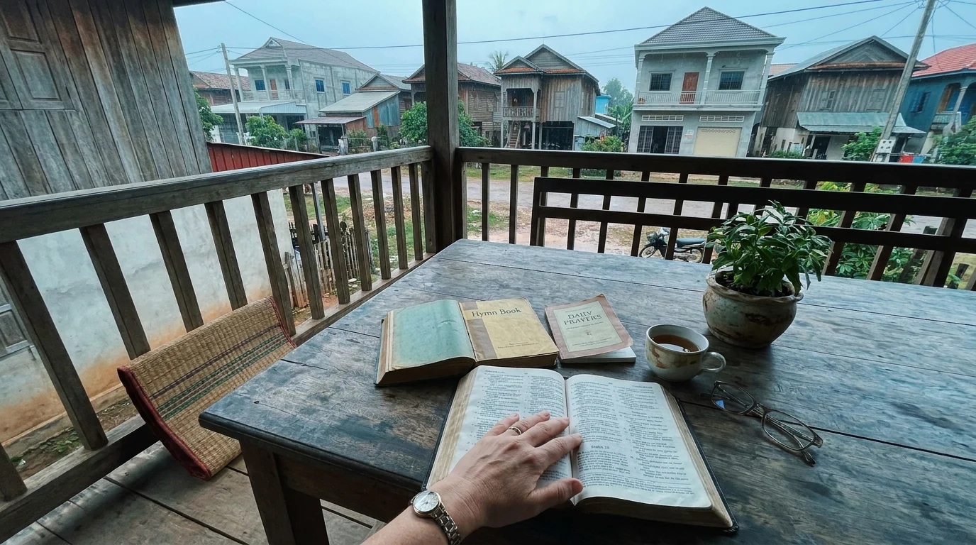 A hand resting on an open Bible beside a hymn book and Daily Prayers book on a wooden porch table, with tea and glasses nearby