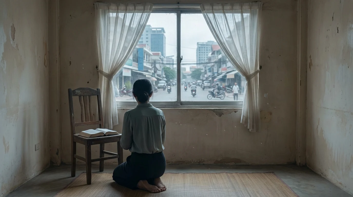 Woman kneeling quietly by a window, an open Bible on a chair beside her, facing a busy street