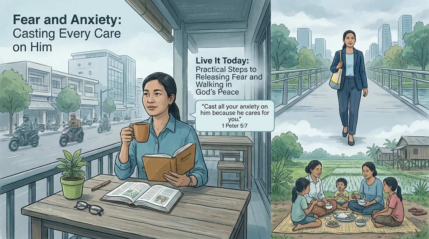 Fear and Anxiety: Casting Every Care on Him, illustrated scenes of a woman journaling on a porch, walking confidently, and sharing a meal with family outdoors, alongside 1 Peter 5:7