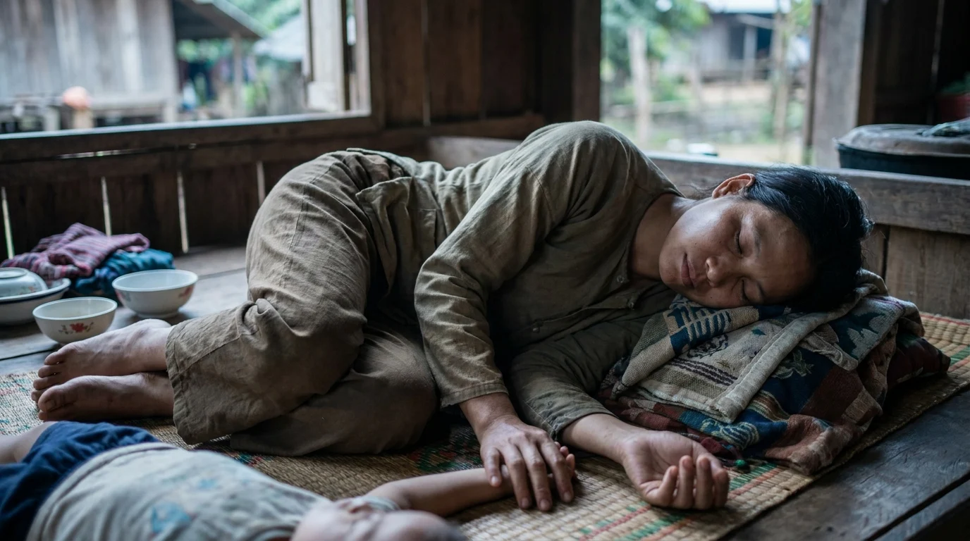 A weary person resting on a mat on the floor of a modest rural home, eyes closed in peaceful sleep