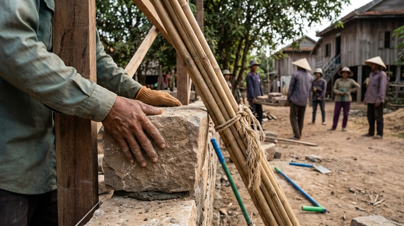 A worker places a stone on a wall at a rural Southeast Asian construction site, with villagers watching nearby