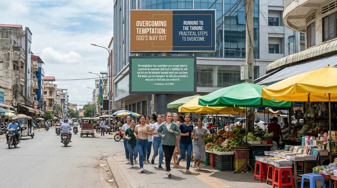 Women running through a busy street market past a billboard reading Overcoming Temptation: God's Way Out and 1 Corinthians 10:13