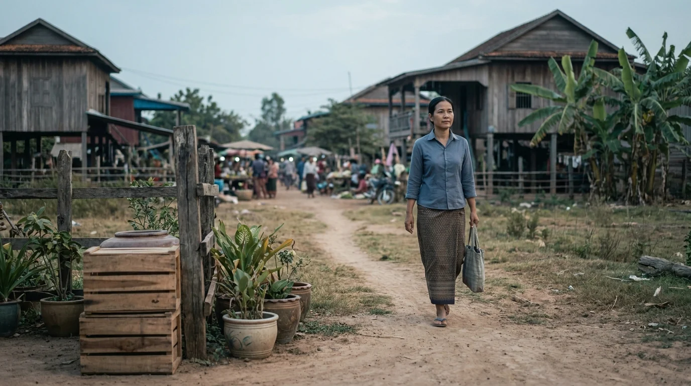 Woman walking away from a busy village market along a dirt path, carrying a bag, with wooden stilt houses nearby