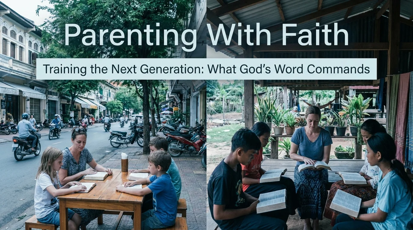 Parenting With Faith: Training the Next Generation: What God's Word Commands — a woman studies the Bible with children outdoors in two settings