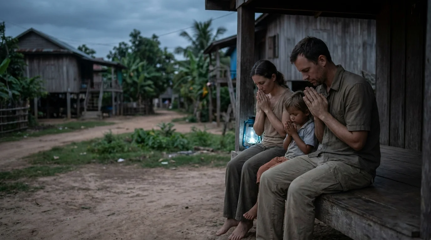 A family of three praying together on a porch in a rural village, with a lantern glowing beside them at dusk