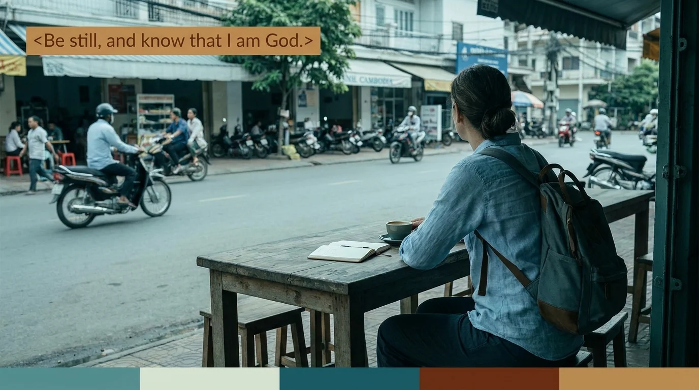 A person sits quietly at a busy street café with a journal and coffee, amid city noise. Text reads: Be still, and know that I am God