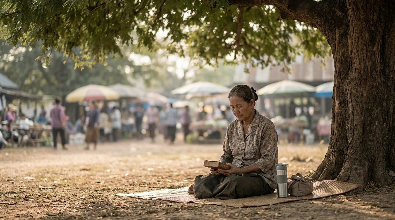 Woman sitting alone under a tree in a busy market, quietly reading a book in a moment of solitude and reflection