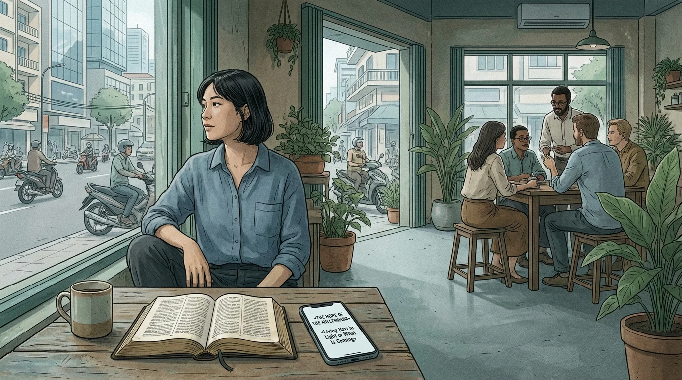 Woman sitting in a café with an open Bible and phone displaying "The Hope of the Millennium," gazing thoughtfully toward a busy street outside