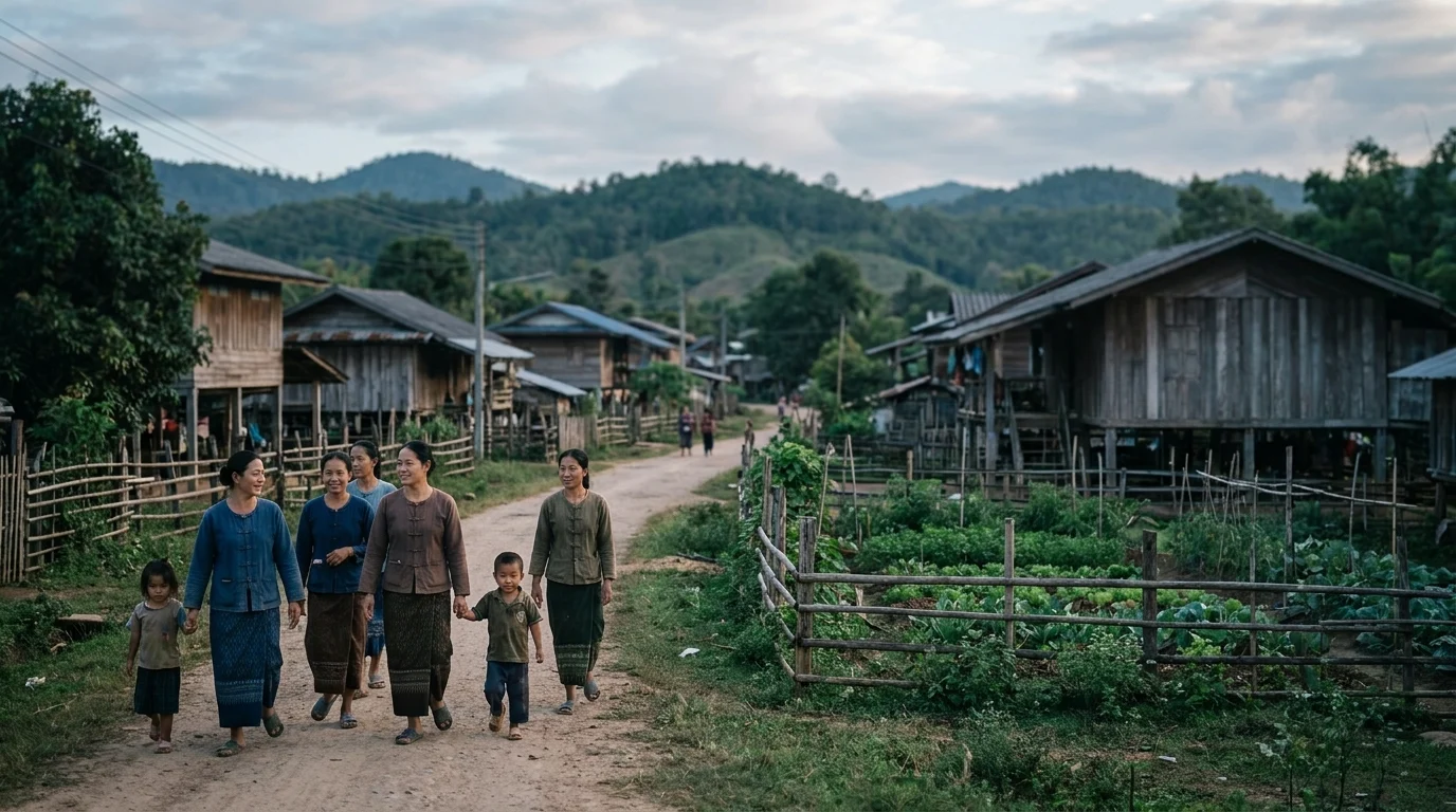 Women and children walking together along a peaceful rural village path, with wooden stilt houses and green gardens on either side