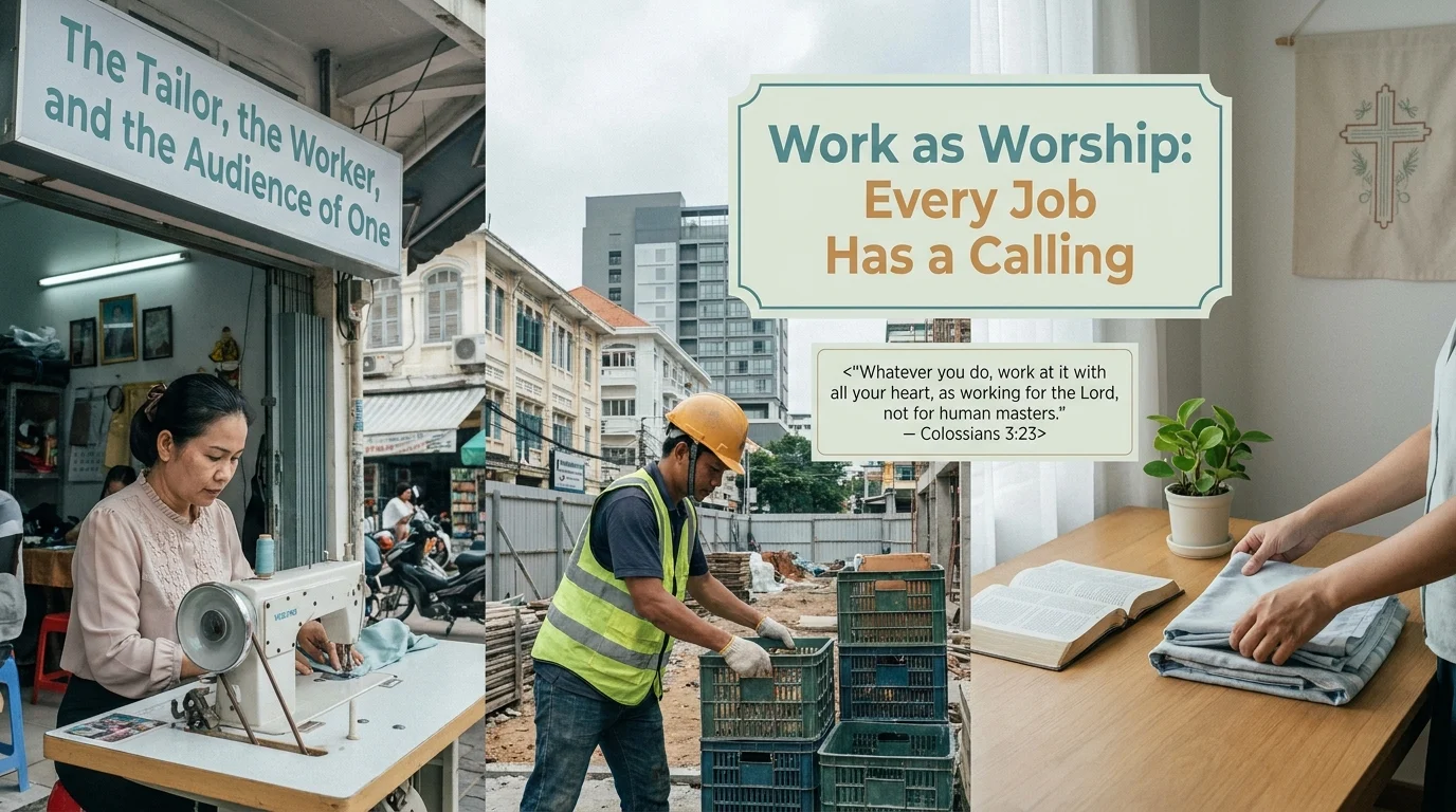 Article header image: a tailor sewing, a construction worker on site, and an open Bible beside folded cloth, illustrating work as worship with Colossians 3:23