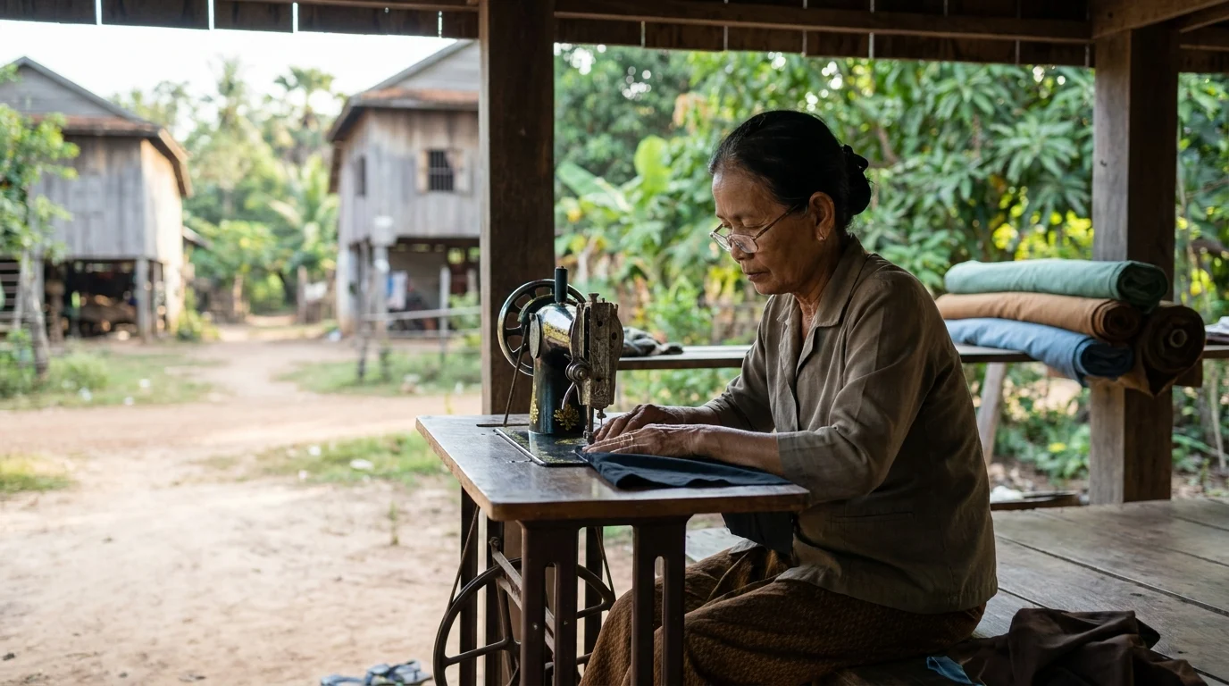 Elderly woman sewing fabric on a vintage sewing machine on an open-air porch in a rural village setting