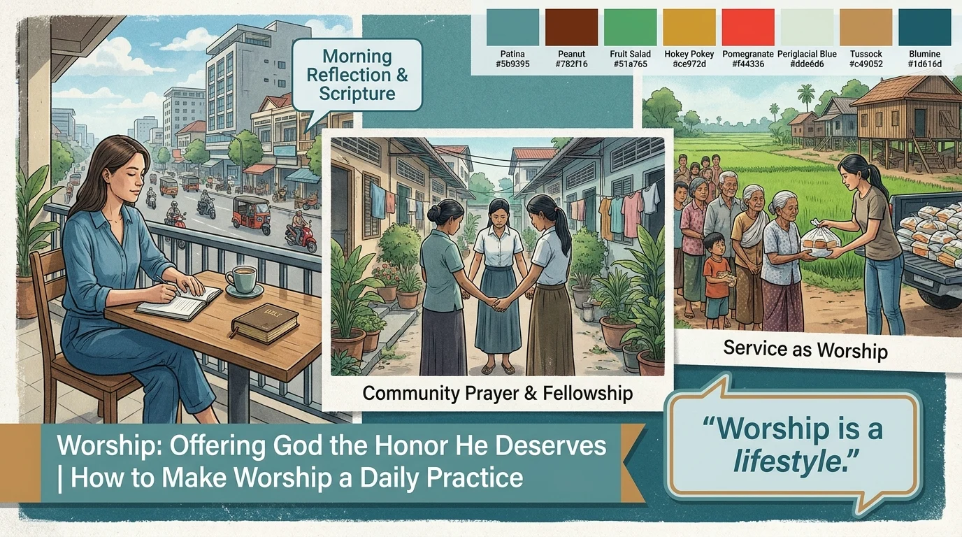Three scenes illustrating daily worship practices: morning Scripture reflection, community prayer and fellowship, and serving others as an act of worship. Quote: Worship is a lifestyle