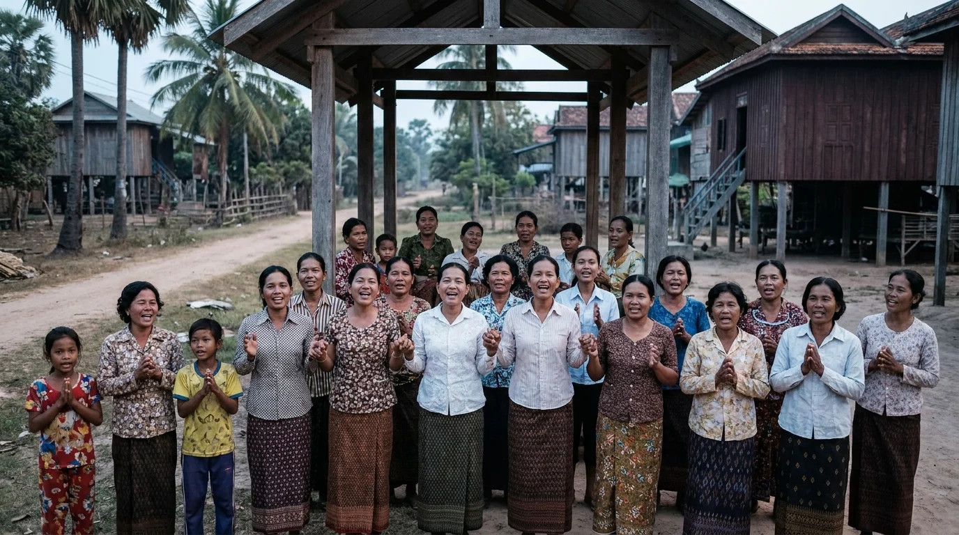 A group of women and children in a Southeast Asian village clapping and singing together in worship outdoors