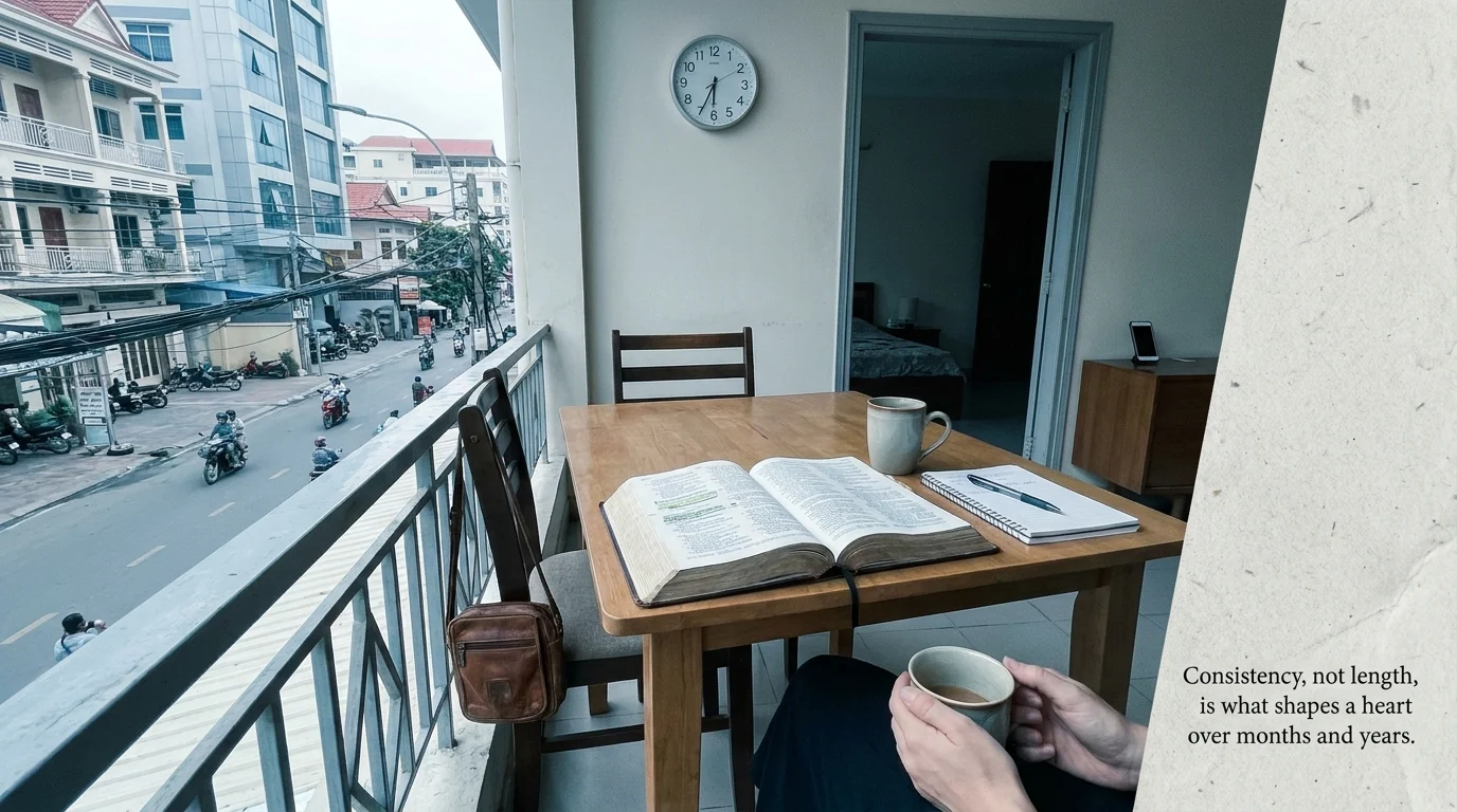 Open Bible, notebook, and coffee on a balcony table overlooking a city street; text reads "Consistency, not length, is what shapes a heart over months and years